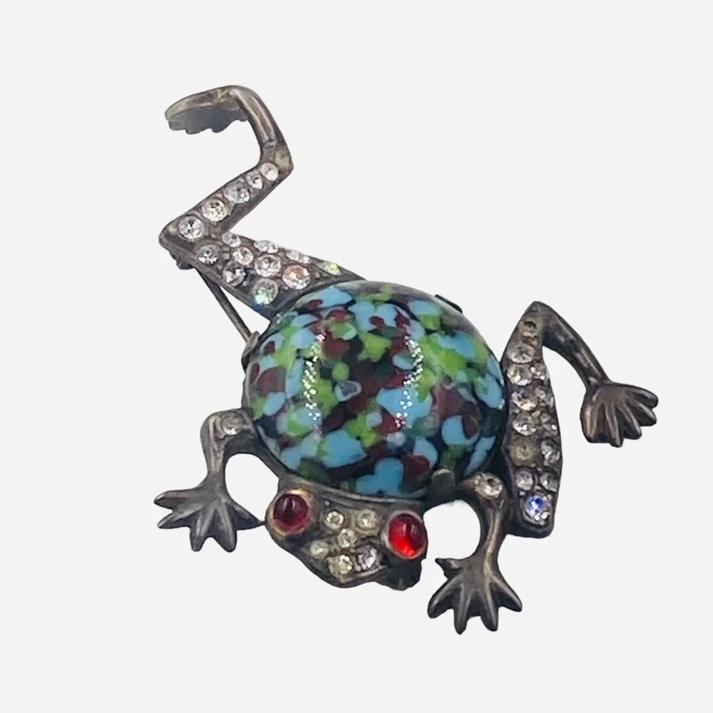 Mazer Sterling Art Glass Belly and Rhinestone Leaping Frog Brooch